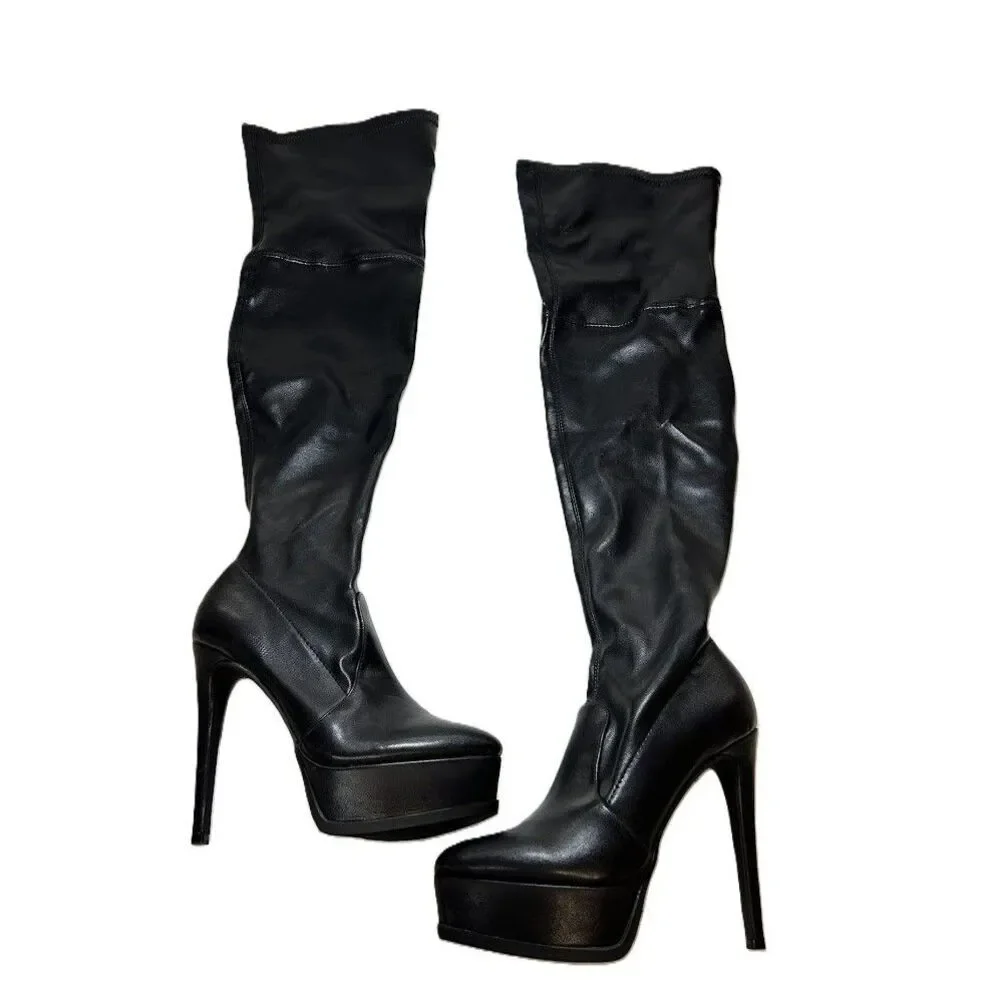 Thalia Sodi Womens 5.5 M Black Silena Zip Up Over The Knee Boots DISPLAY QH3